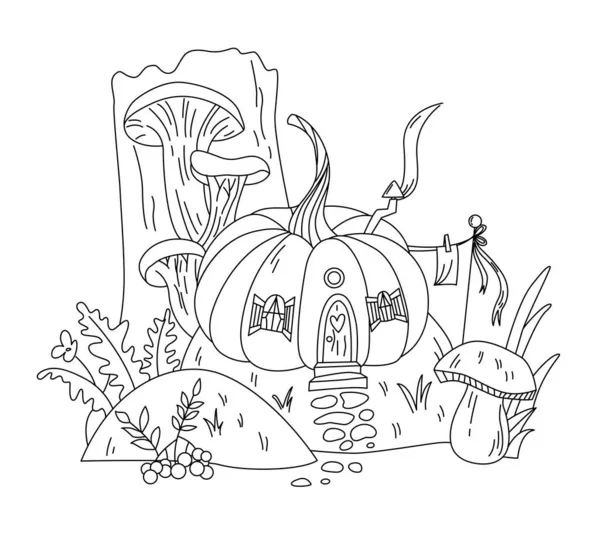 Осенний Пейзаж Раскраски Страницы Милый Уютный Дом Тыквами Грибы Вибурнум — стоковый вектор
