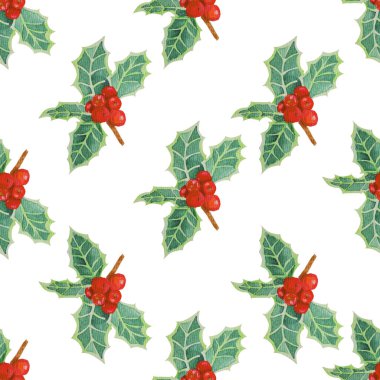 Holly beyaz arka planda yalnız kalır. Noel dalları ile kusursuz desen. Elle boyanmış suluboya.