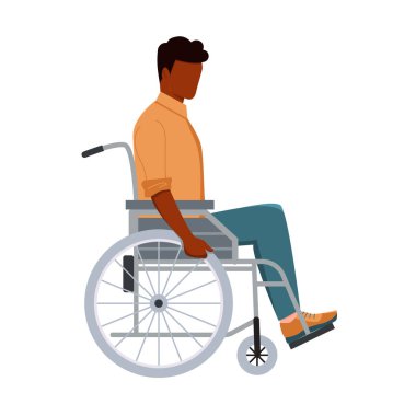 Tekerlekli sandalyedeki genç siyah adam beyaz arka planda izole edilmiş. Engelli adam. Düz biçimli vektör illüstrasyonu.