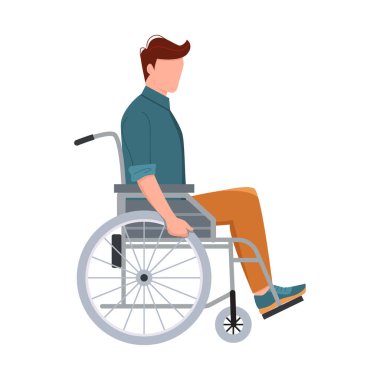 Tekerlekli sandalyedeki genç adam beyaz arka planda izole edilmiş. Engelli adam. Düz biçimli vektör illüstrasyonu. 