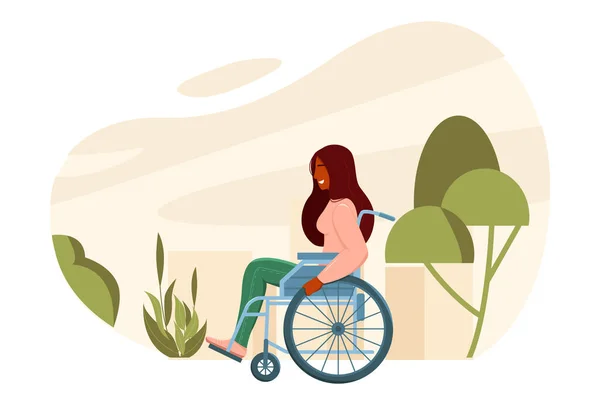 Mladá Žena Invalidním Vozíku Prochází Městském Parku Bezbariérová Dívka Vektorová — Stockový vektor