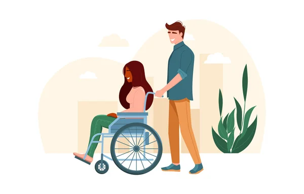 Concept Aide Aux Handicapés Couple Amoureux Marchant Extérieur Dans Parc — Image vectorielle