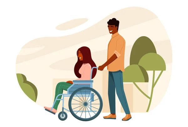 Concept Aide Aux Handicapés Couple Amoureux Marchant Extérieur Dans Parc — Image vectorielle