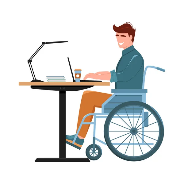Bilgisayarda Çalışan Engelli Genç Adam Tekerlekli Sandalyede Oturan Adam Engellilerin — Stok Vektör