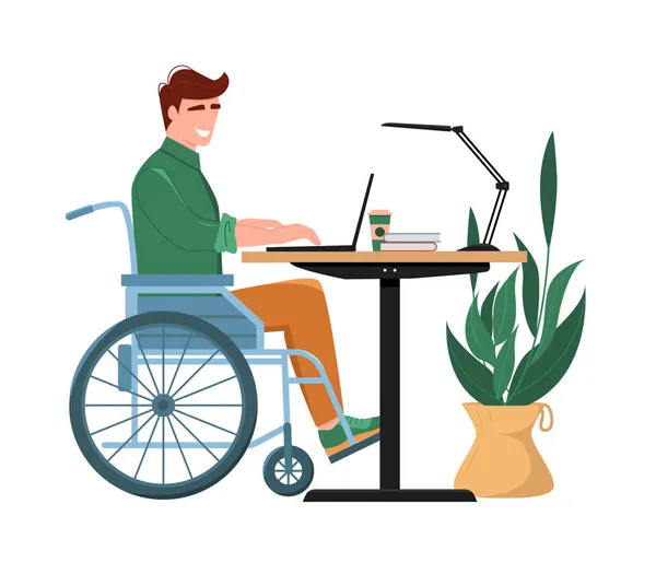 Disabled Wheelchair Young Man Working Laptop Man Sitting Wheelchair Concept — Stock Vector