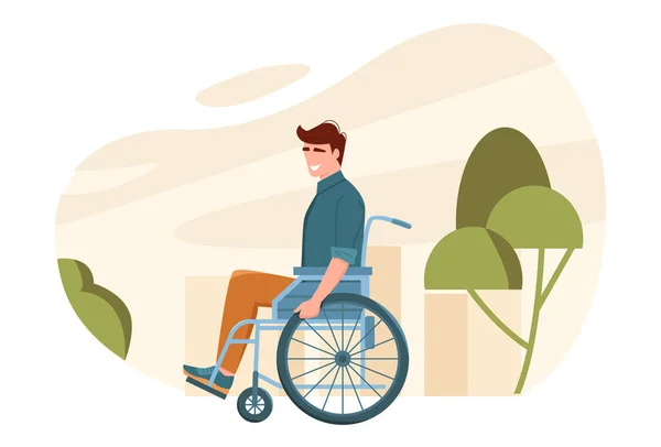 Joven Silla Ruedas Camina Por Parque Ciudad Hombre Discapacitado Ilustración — Archivo Imágenes Vectoriales