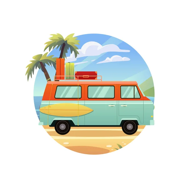 Surfbus Einem Tropischen Strand Sommerreise Oldtimer Wohnmobil Bus Vektorillustration Flachen — Stockvektor