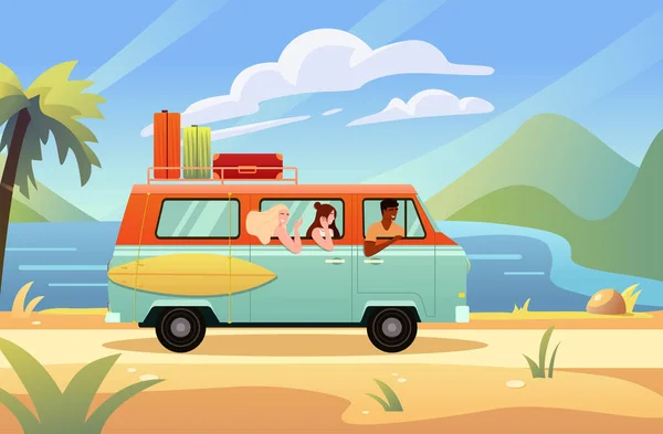 Viagem Verão Feliz Povo Artoon Ilustração Vetorial Estilo Plano —  Vetores de Stock