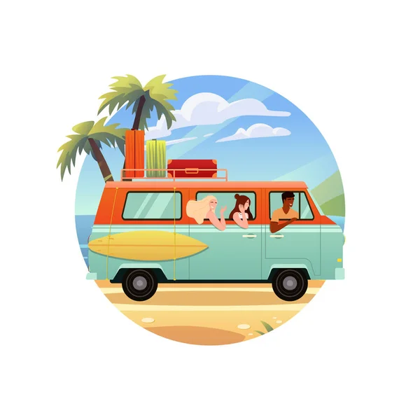 Surfbus Einem Tropischen Strand Glückliche Junge Menschen Sommerreise Oldtimer Wohnmobil — Stockvektor