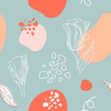 Eustoma ve lekeli vektör kusursuz desen. Çizgi çalışması. Mavi arka planda çiçek yay deseni.