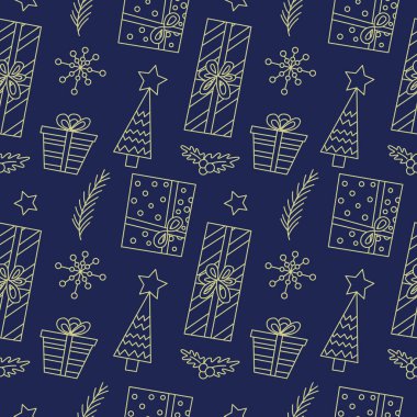 Hediye kutuları, kar taneleri, Noel ağacı, köknar dalları, ökseotu ve mavi arka planda yıldızlar olan kusursuz bir desen. Çizgi çalışması. Yeni Yıl vektör dekorasyonu. 