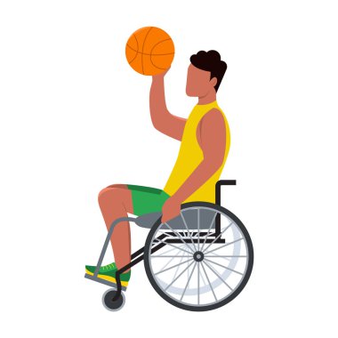 Engelli bir sporcu basketbol oynar. Tekerlekli sandalyedeki genç siyah adam. Düz bir şekilde vektör illüstrasyonu.