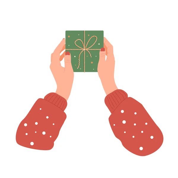 Ruce Balení Vánoční Dárkové Krabice Izolované Bílém Pozadí Veselé Vánoce — Stockový vektor