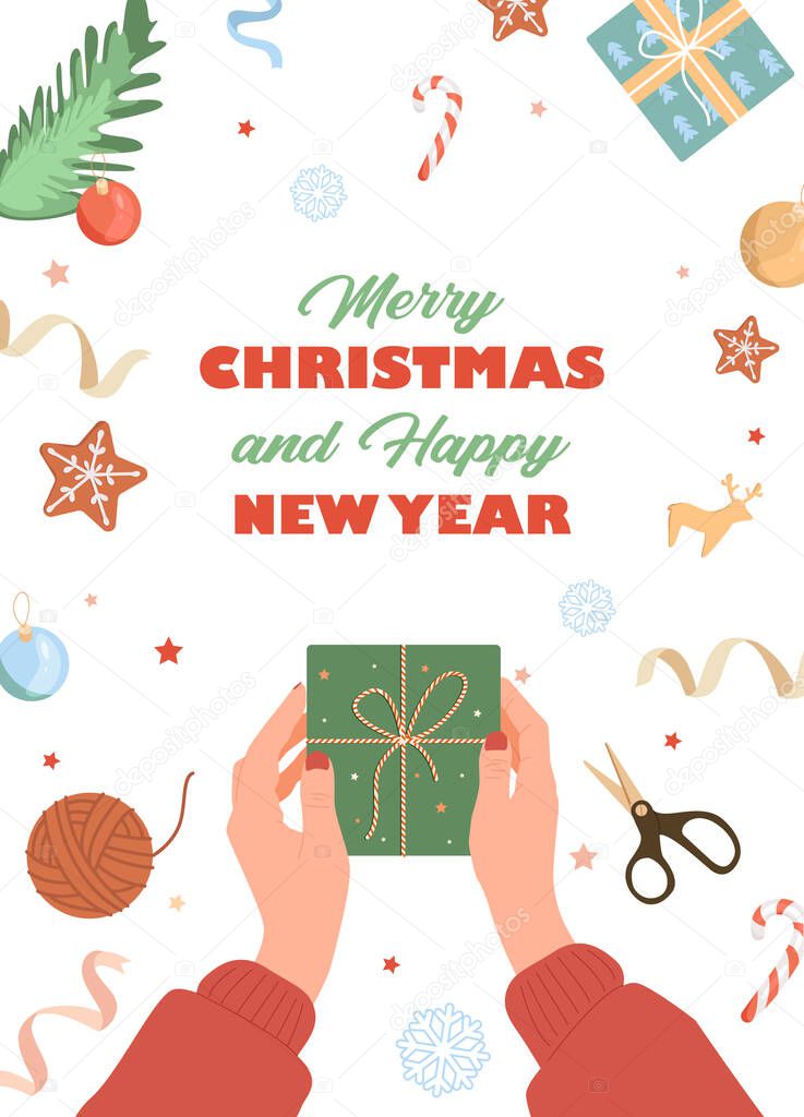 Merry Christmas and a Happy New Year card. Wrapping christmas gift box. Christmas cookies, scissors, ball, spruce branch, Christmas ball, candy, snowflake, stars, tinsel.