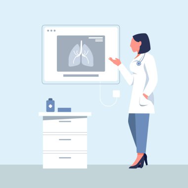 Pulmonolog. Ciğerlerinin röntgenine bakan kadın doktorla tıp konsepti. Danışmanlık ve tanı. Modern düz vektör illüstrasyonu.