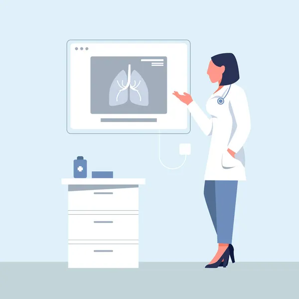 パルモノロジスト 肺のX線を見て女性医師と医学の概念 コンサルティングと診断 現代の平面ベクトル図 — ストックベクタ
