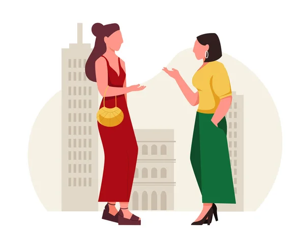 Deux Femmes Élégamment Habillées Parlent Dans Contexte Ville Illustration Vectorielle — Image vectorielle