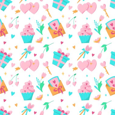 Kalbi, hediye kutusu, şekeri, anahtarı, gülü, çiçekleri, yüzüğü, zarfı ve beyaz arkaplanı olan kusursuz bir vektör deseni. Sevgililer Günü için arkaplan.