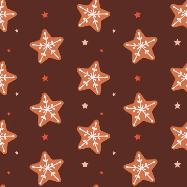 Vector Seamless Pattern Christmas Cookies Form Stars Brown Background Bakery — Stock Vector