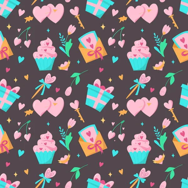 Motif Vectoriel Sans Couture Avec Coeur Boîte Cadeau Bonbons Clé — Image vectorielle