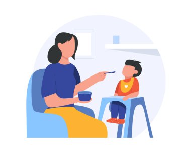 Anne küçük bebeği besler, beyaz arka planda izole edilmiş karikatür vektör çizimi. Bebekler için sağlıklı beslenme.