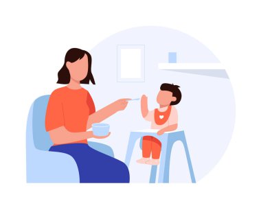 Anne oğlunu besliyor, beyaz arka planda izole edilmiş çizgi film vektör çizimi. Bebekler için sağlıklı beslenme. Çocuk yemek yemek istemiyor..