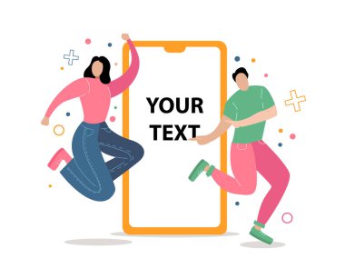 Akıllı telefonun yanında sevinçten zıplayan mutlu insanlar. Modern vektör illüstrasyon kavramları reklam, satış, web sitelerinde ve mobil web sitelerinde paylaşım için. Beyaz arkaplanda çizgi film karakterleri.