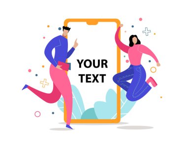 Akıllı telefonun yanında sevinçten zıplayan mutlu insanlar. Modern vektör illüstrasyon kavramları reklam, satış, web sitelerinde ve mobil web sitelerinde paylaşım için. Beyaz arkaplanda çizgi film karakterleri.