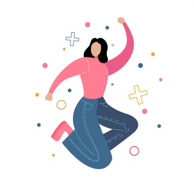 Zıplayan mutlu bir kadının vektör çizimi. Beyaz arka planda çizgi film karakteri. Reklam, satış, web sitelerinde ve mobil web sitelerinde paylaşım konseptleri.