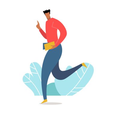 Vektör illüstrasyonu bir adam koşar ve kitapları elinde tutar. Beyaz arka planda çizgi film karakteri. Reklam, satış, web sitelerinde ve mobil web sitelerinde paylaşım konseptleri.