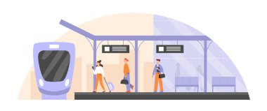 Demiryolu platformundaki yolcuların düz vektör çizimi. Tren istasyonunda bavulu olan insanlar. Toplu taşıma kavramı.