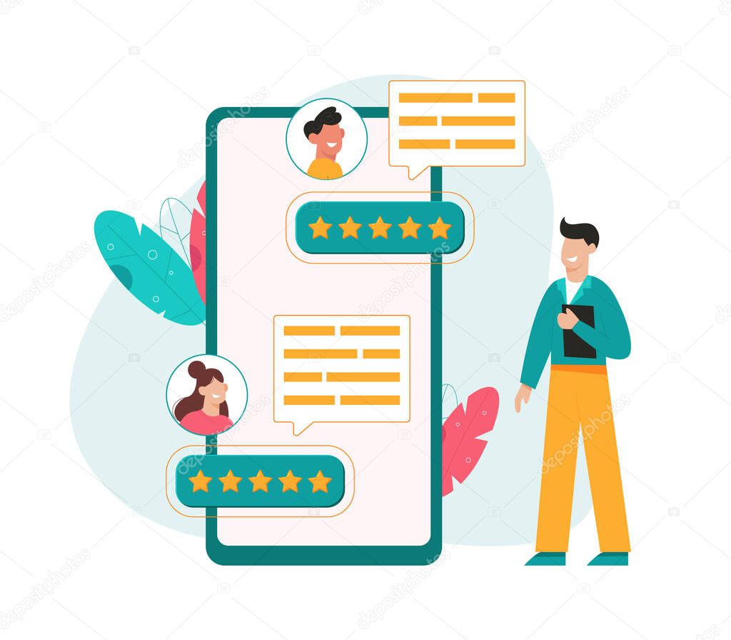 Man reads reviews about a product or service before buying. Vector illustration in flat style. People share user experiences and leave customer reviews.