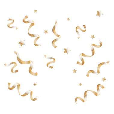 Parlak altın konfeti ve beyaz arka planda izole edilmiş yıldızlar. Altın renginin şenlikli süslemesi. Eps 10.