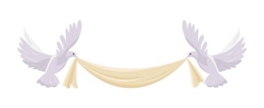 İki güvercin bir kurdele tutuyor. Düz bir şekilde vektör illüstrasyonu. Beyaz arkaplanda izole.