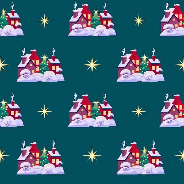 Vector Seamless Pattern Christmas Village Green Holiday Background — 图库矢量图片