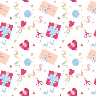 Beyaz bir arka planda sevgililer günü kusursuz desen. Şirin hediye kutuları, kalp, zarf, konfeti, şeker. Kumaş ve kağıt üzerine baskı yapmak için mükemmel..