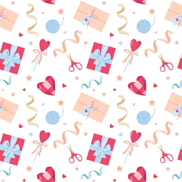 Beyaz bir arka planda sevgililer günü kusursuz desen. Şirin hediye kutuları, kalp, zarf, konfeti, şeker. Kumaş ve kağıt üzerine baskı yapmak için mükemmel..