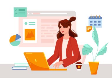 Dizüstü bilgisayarla çalışan kadın. Serbest çalışan, merkez ofis. ui ve ux 'yu test ediyorum. Düz biçimli vektör illüstrasyonu.