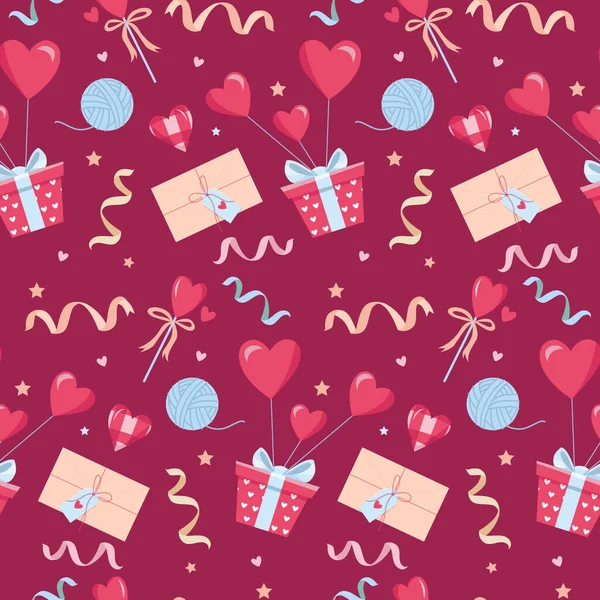 Valentines Day Seamless Pattern Dark Red Background Cute Gift Boxes — Stock Vector
