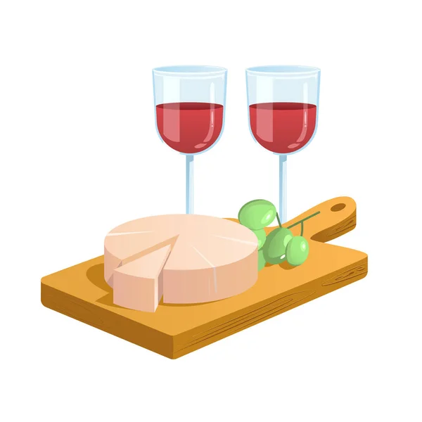 2杯のワインとブリーチーズとブドウの木の板 まだ生きてる アルトゥーンベクターイラスト — ストックベクタ