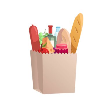 Kese kağıdı. Yiyecek ve içecek ürünleri. Alıyorum. Renkli vektör illüstrasyonu.
