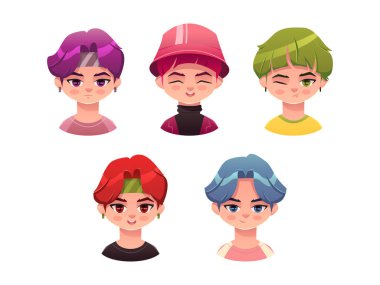 Tatlı çizgi filmci çocuklar çıkartması. İdoller. K-pop müzik fanı. Vektör illüstrasyonu. 