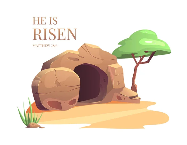 Risen Easter Vector Illustration Cave Empty Tomb Jesus Scripture — Stock Vector