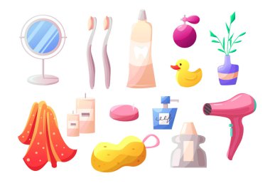 Banyo aksesuarları çizgi filmi. Ayna. Diş fırçası. Banyo havlusu. Roma mumları. Banyo bezi ve sabun. Saç kurutma makinesi. Banyo ördeği. Parfüm. Flowers 'la vazo. Banyo hijyeni. Vektör illüstrasyonu.