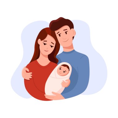 Mutlu bir aile. Anne ve babanın kucağında yeni doğmuş bir bebek var. Genç ebeveynler konsepti. Şirin çizgi film vektör illüstrasyonu.