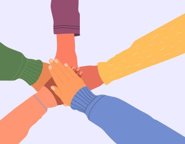 Destek kavramı, birlik, takım çalışması, anlaşma. Çeşitli insanlardan oluşan bir grubun elleri bir araya geliyor. Vektör düz resimleme.