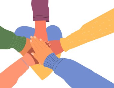 Destek, Ukrayna 'nın birliği. Bir grup insanın elleri bir araya geliyor. Vektör düz resimleme.
