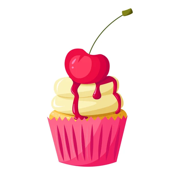 Cupcake Con Cereza Aislada Sobre Fondo Blanco Vector Linda Ilustración — Archivo Imágenes Vectoriales
