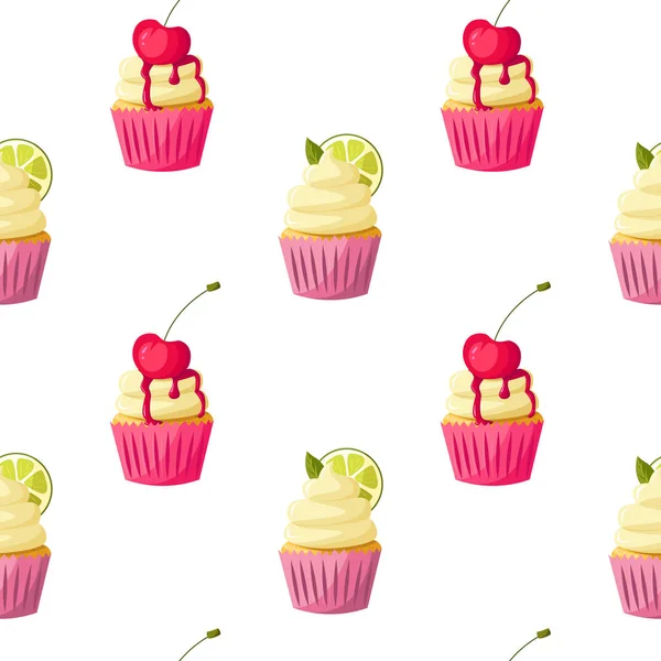 Cupcakes Motif Avec Cherrie Citron Sur Fond Blanc Illustration Vectorielle — Image vectorielle
