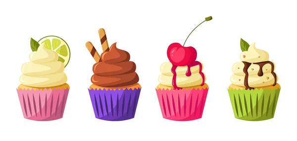 Ensemble Cupcakes Différents Avec Crème Pistache Menthe Chocolat Vanille Cerise — Image vectorielle